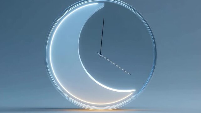 Modern transparent clock with glowing crescent shape and blue background