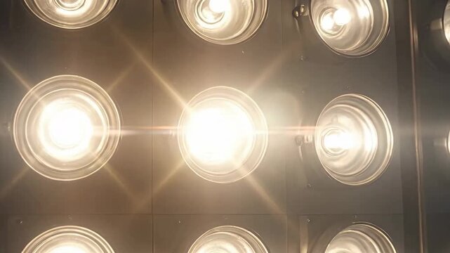 Illuminated stage lighting panel with multiple spotlights creating a bright and focused beam.