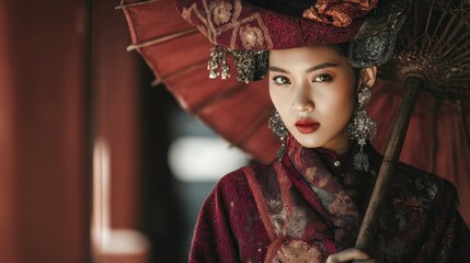 Obraz premium Elegant Asian Woman with Traditional Dress, Holding a Parasol, in a Historical Setting