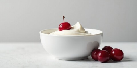 Creamy dairy dessert topped with a vibrant red cherry in a pristine white bowl, accompanied by additional cherries