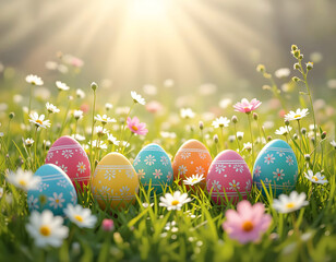 Beautiful colorful Easter eggs on a morning meadow