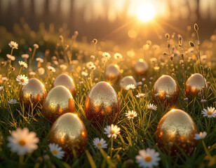 Beautiful Easter eggs in gold and copper colors on a morning meadow