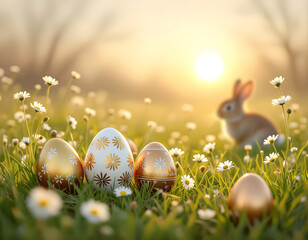 Beautiful decorated Easter eggs and bunny on an early morning meadow