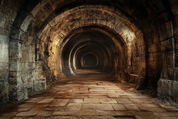 Ancient stone tunnel with arched walls illuminated by soft light in a mysterious underground setting