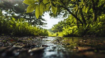 Fototapeta premium Serene Stream through Verdant Forest Canopy: Tranquil Nature Scenery