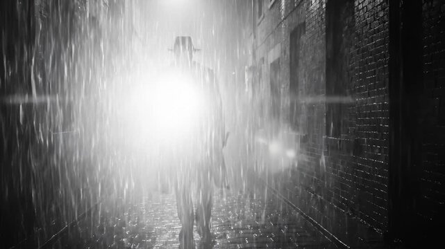 Mysterious Figure Walks in Dark City Alleyway