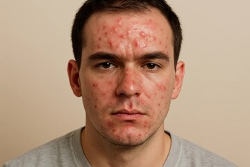 Fototapeta premium Young man with inflamed acne and pimples on forehead and face close-up