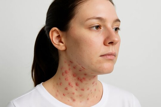 Woman with red acne pimples on neck and lower face closeup