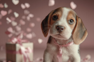 Adorable beagle puppy wearing pink ribbon with hearts on Valentine background