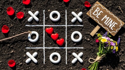 Outdoor Valentine's mockup. A charming tic-tac-toe game arranged with white pebbles (X's and O's) on dark soil, the winning move a striking red heart-shaped stone. Overhead, flat-lay shot