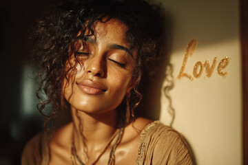 Young woman with closed eyes and golden love text in warm sunlight