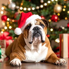 Festive Bulldog with Santa Hat in Front of Christmas Tree.