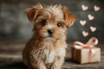 Adorable fluffy puppy posing with gift boxes and hearts for Valentine