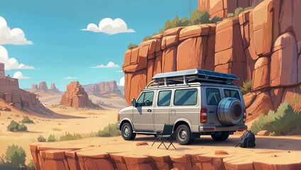 Van parked in a desert landscape with red rock formations and a clear blue sky.