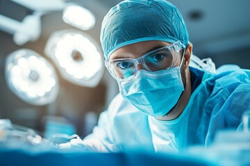 selective focus professional surgeon under bright surgical lights