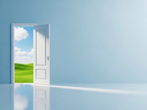 開かれたドアから見える緑豊かな風景が広がる