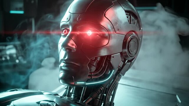 Metallic Robot Head Rotating With Smoke Effects