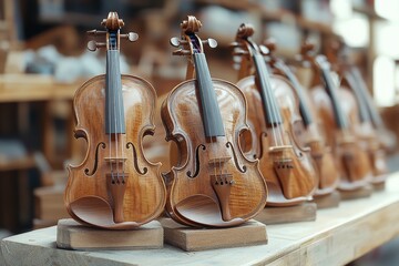 selective focus close up of violin bodies carved from wood under soft golden light