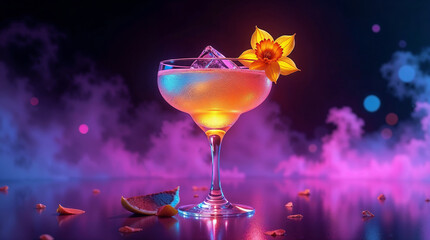 Vibrant glowing orange and pink margarita with yellow flower garnish in a purple neon smoky atmosphere