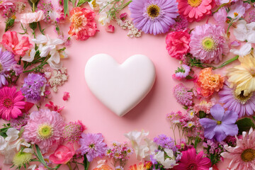Heart surrounded with fresh colorful flowers on pastel pink background. Creative love layout with copy space. Valentines day, wedding or romantic visual trend. Spring bloom. Flat lay.