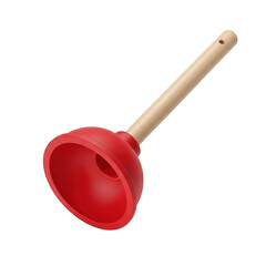 Red plunger with wooden handle isolated on transparent background