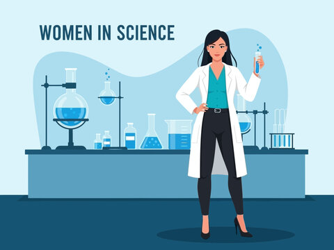 Female scientist in lab coat standing in laboratory setting