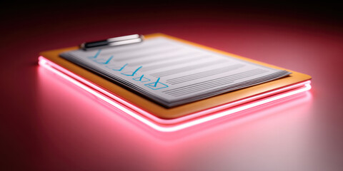Checklist clipboard document paper neon glowing business organization office task management productivity efficiency
