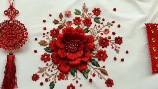 A close-up shows a white fabric adorned with a detailed red floral embroidery design, alongside a decorative red knot and a red envelope.