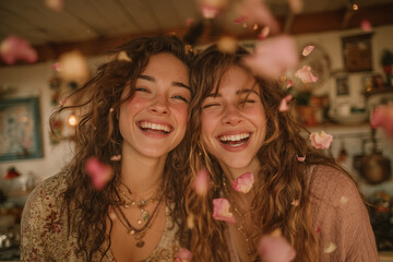 Two young women laughing together with pink petals falling around them