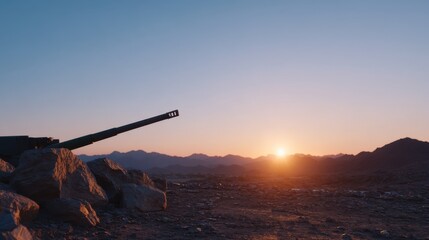 Dramatic Backlit Silhouette of a Large Military Artillery at Sunrise in a Desert Landscape