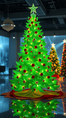 A festive Christmas tree with ornaments and a glowing star stands on a table with gifts during a merry winter night celebration