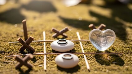 Playful romantic card design. A ground-level photo of a tic-tac-toe game using foraged materials, with a clear heart-shaped stone as the final, winning piece. Soft focus background, copy space