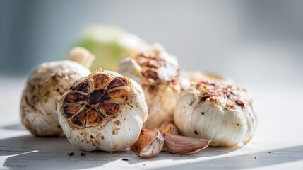 Roasted garlic bulbs with cloves on a white textured surface illuminated