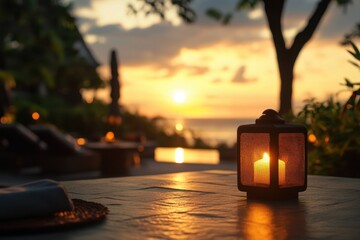 Candlelit ambiance at sunset along a tranquil beach setting in the evening hours