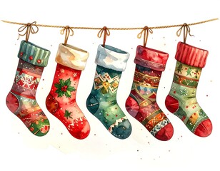 Festive Christmas Stockings Hanging on a Twine, Watercolor Illustration.