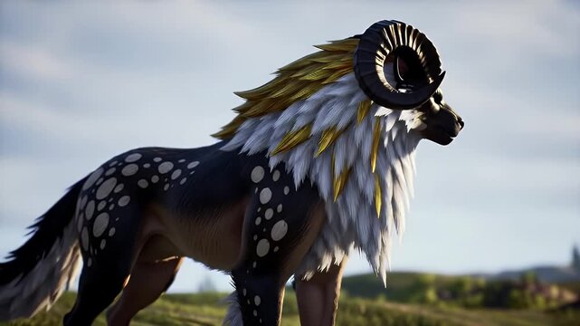 Graceful spotted fantasy deer-like creature standing proudly in a sunlit meadow