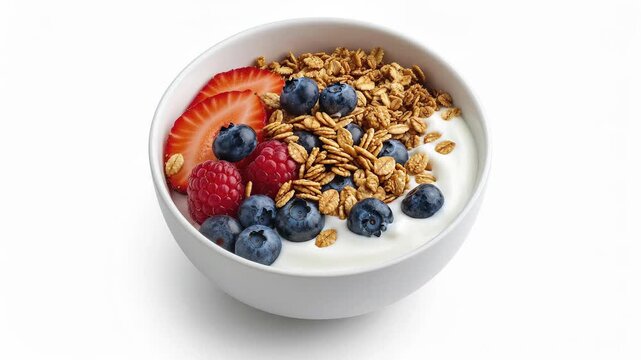 Delicious and healthy breakfast bowl with yogurt, granola, and fresh berries.
