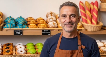 Smiling Male Baker in Apron Standing in Bakery with Freshly Baked Goods and Pastries