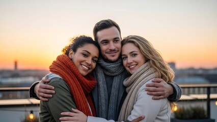 Three friends emintimate apparelcing on a rooftop at sunset, wearing warm scarves and smiling, celeintimate apparelting a moment of connection and joy.