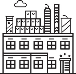 Naklejka premium Building factory with windows and smokestacks line art industrial complex simple illustration cartoon style architectural design