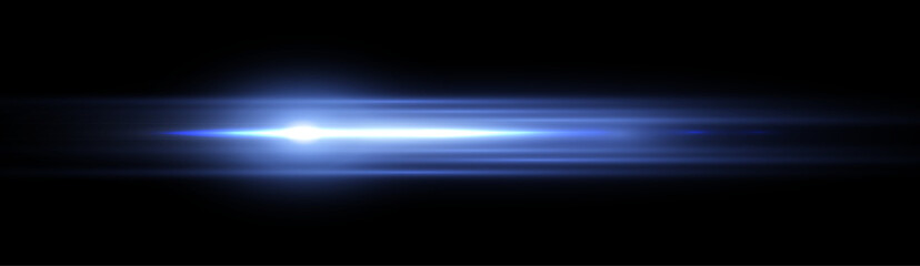 Blue horizontal lensflare. Light flash with rays or blue spotlight and bokeh. Glow flare light effect. Vector illustration. Isolated on black background.