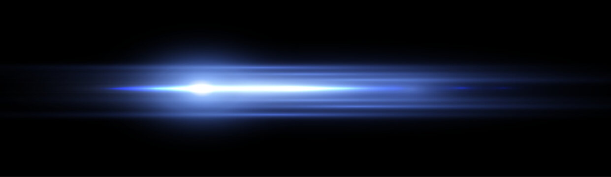 Blue horizontal lensflare. Light flash with rays or blue spotlight and bokeh. Glow flare light effect. Vector illustration. Isolated on black background.