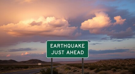 Green warning sign displaying 'Earthquake Just Ahead' under a dramatic cloudy sky at dusk
