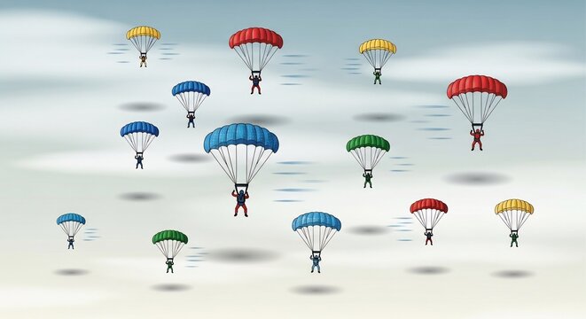 A large group of people parachuting with colorful parachutes against a cloudy blue sky, depicting a skydiving activity.