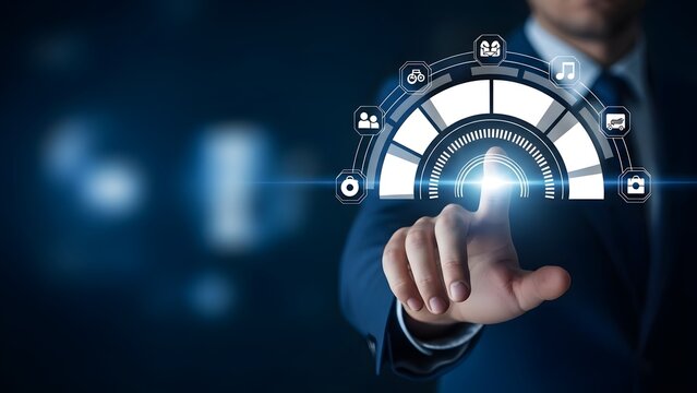 Businessman interacting with a futuristic digital interface in a dark office environment with technology - Powered by Adobe