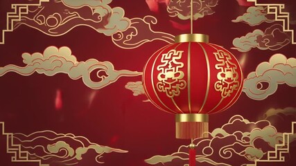 Traditional Chinese red lantern with gold designs hanging against a red background with gold clouds and geometric patterns, used for cultural festival promotions