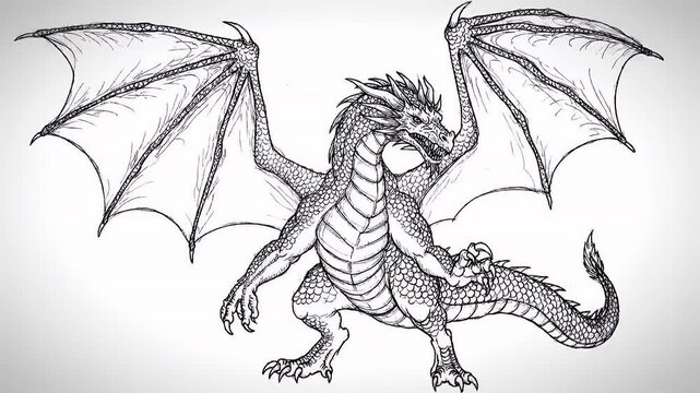 Intricately Detailed Black and White Dragon Sketch with Large Wings and Spined Tail