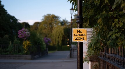Weathered No School Zone Sign in a Quiet Neighborhood with Lush Greenery and Blooming Flowers
