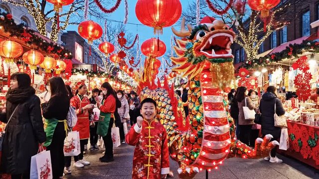 Vibrant Chinese New Year celebration in a bustling street market with a dragon dancer, red lanterns, and people shopping at dusk
