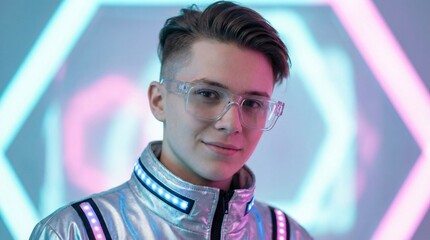 Fototapeta premium Close-up portrait of young digital nomad in retro-futurism style with blue and pink neon light, fashion-forward synthwave aesthetic and modern tech mood